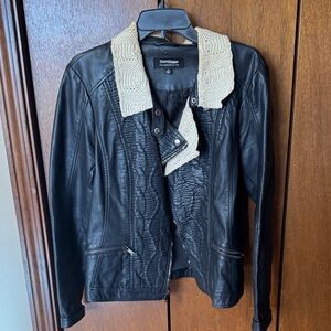 CoffeeShop Black Leather Jacket with Cream Collar